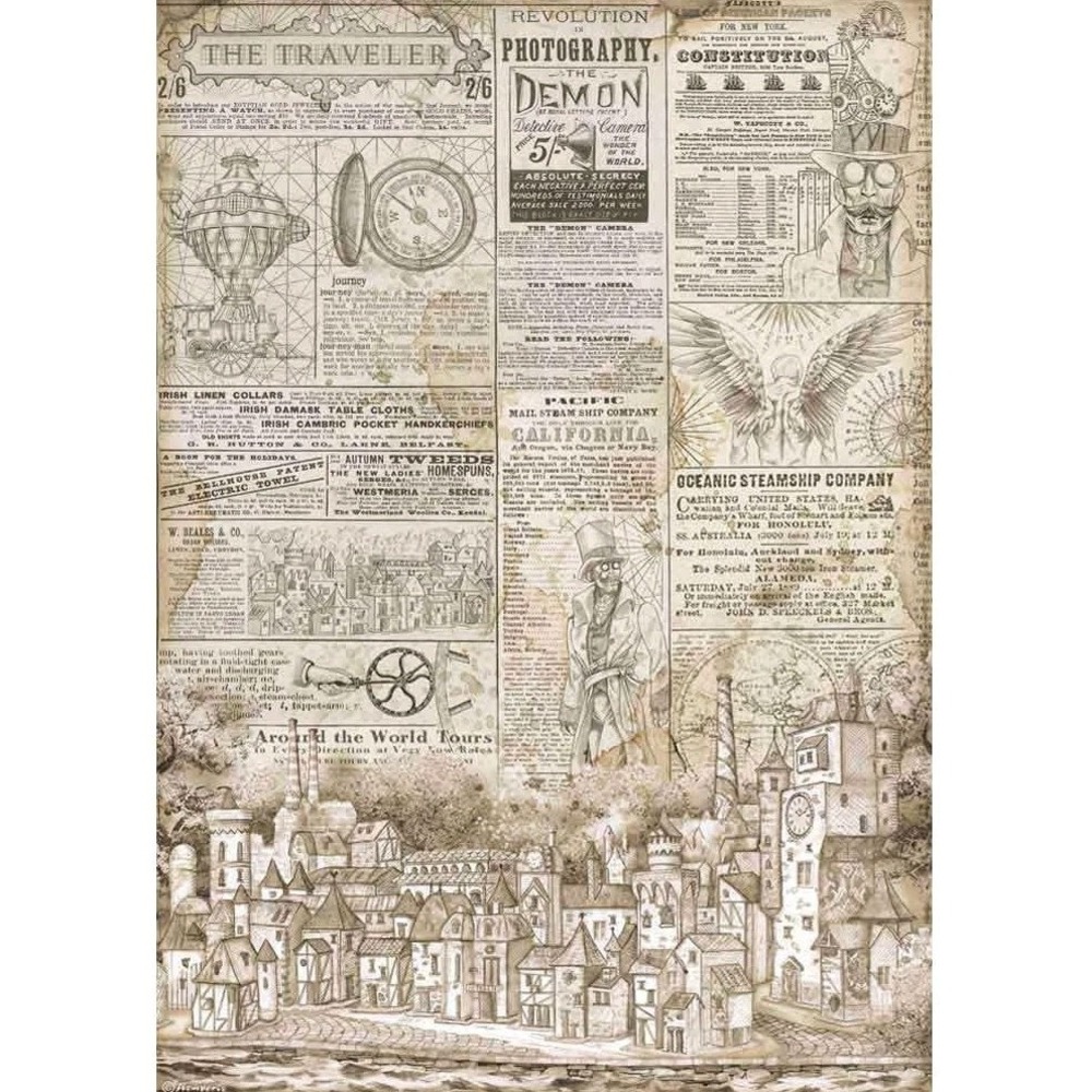 Stamperia Sir Vagabond The Traveler A3 Rice Paper Decoupage Newspaper Steampunk